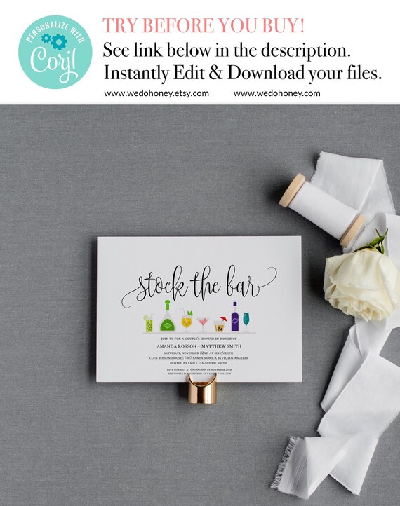 Cocktails Stock The Bar Invitation Printable, Engagement Party His Hers Couple's Shower, Instant Download, Fully Editable Text #WDH070 Il_570xn
