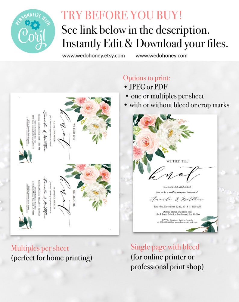 Post Wedding Reception Invitation We Tied The Knot Invitation Template Fully Editable Text Boho Floral Greenery Invitations