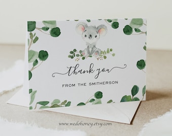 Koala Thank You Card, Greenery Eucalyptus, Gender Neutral Thank You, Folded or Flat,  Corjl #0055