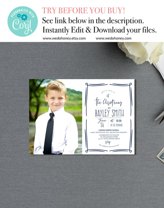 LDS Baptism Boy Photo Invitation, Editable Text, Instant Download Il_570xn