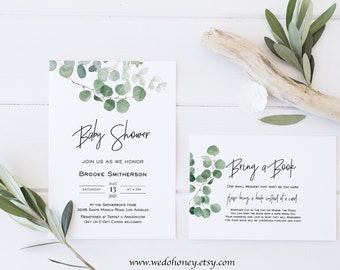 Greenery Eucalyptus Baby Shower Invitation Package, Green Foliage Baby Shower Set, Diaper and Bring a Book, Edit with Corjl #321