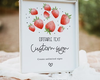 Editable Custom Sign Strawberry Birthday Party, Strawberry Theme First Corjl #030