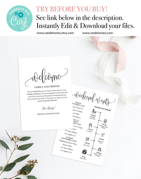 Welcome Letter Template, Wedding Itinerary Card, Greenery Welcome Bag