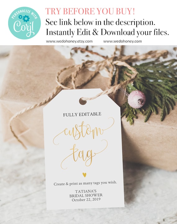 Gold Favor Tag Template, Fully Editable Text, Calligraphy, Custom, Size: 2X3.25" and 2.75X4" Il_570xn