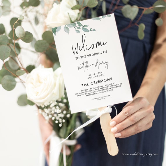 Editable Program Fan Template, Watercolor Leave Programs, Rustic Modern Wedding, Editable Text with Corjl #032 Il_570xn