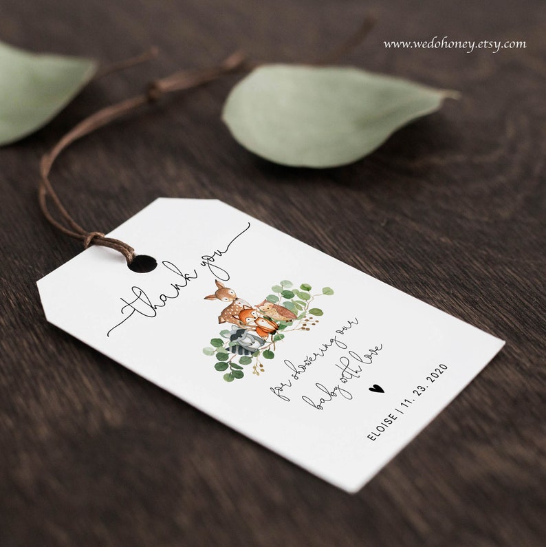 Woodland Baby Shower Favor Tags, Gift Tags Woodland Theme, Editable with Corjl, Instant download #016