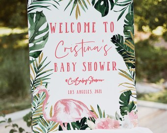 Flamingo Welcome Baby Shower Sign, Tropical Sign for Baby or Bridal, Instant Download, Corjl #011
