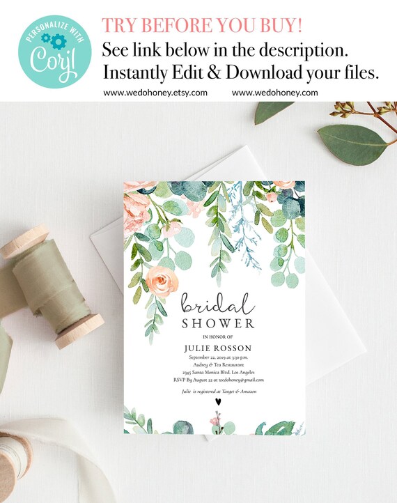 Romantic Bridal Shower Invitations, Boho Floral, Instant Download Il_570xn