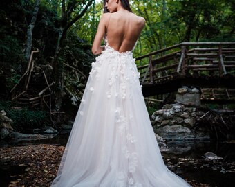 Rustic wedding dress, Boho wedding dress, Modest & flower wedding dress, long bridal gown, white bridal dress, sleeveless wedding dress