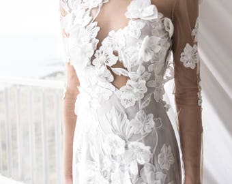 Floral wedding dress in white, Simple wedding dress in ivory, Boho bridal dress, Flower wedding dress or gown, Long hippie wedding dress