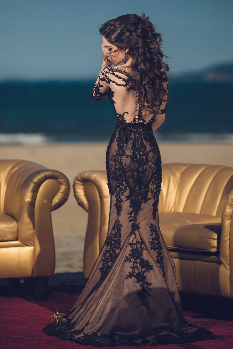 Schwarze Mutter der Brautkleid Spitze Abendkleid. Langes ...