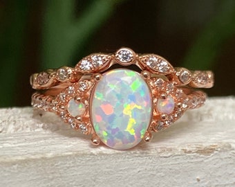 Opal Wedding set Art Deco Rings-Diamond CZ Rings Opal Engagement Rings,Opal Teardrop Ring,Diamond engagement set