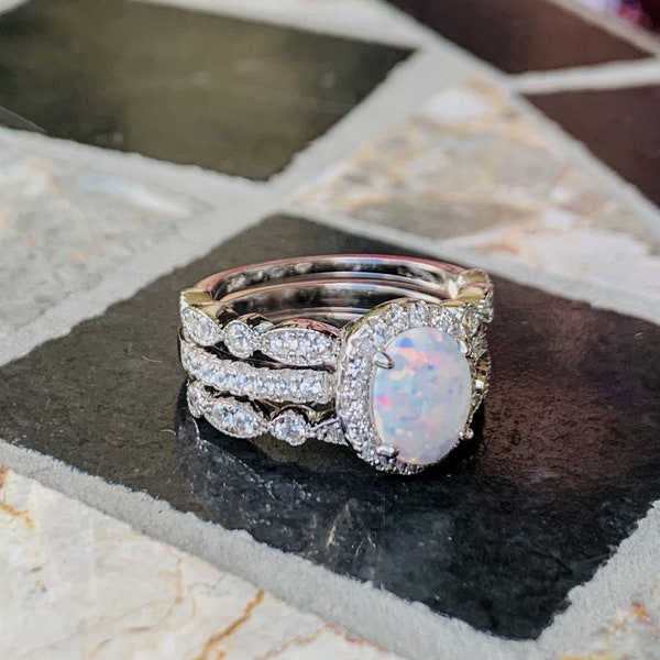 White Opal Ring-LOWEST PRICE !!!Opal Ring Wedding Set-CZ Rings-Three Ring Engagement Set-Halo Ring-3 Ring Set-Oval Ring-Promise Ring