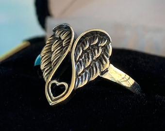 Sterling Silver Angel Wing Ring: Guardian Heart Jewelry