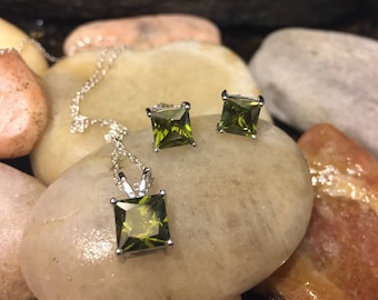 Sterling Silver Peridot CZ Necklace and Earring Set - August Birthstone