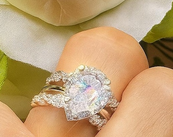 Pear Cut Halo Engagement Ring Set, Simulated Diamond Wedding Ring