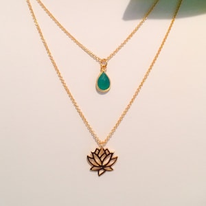 Layering Necklace-Gold Lotus Charm Necklace with Green Agate Gemstone-Gold Lotus Flower Layering Necklace-Gold Lotus Jewelry-Agate Gemstone