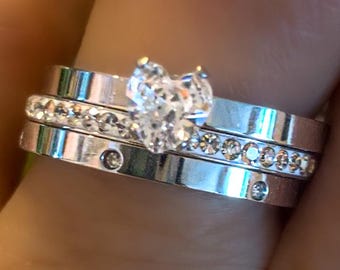 Heart Solitaire Engagement Ring Set: Gold or Silver Stacking Rings
