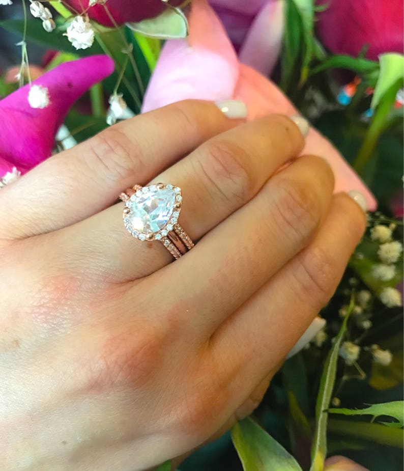 Rose Gold Engagement ring large teardrop Wedding Set-Pear | Etsy