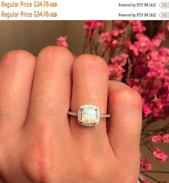 Sterling Silver Opal Halo Ring: CZ Promise Ring