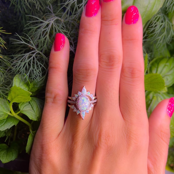 Opal Engagement Ring Sterling 3-piece Halo with CZs Dainty Bridal ring set Stacking ring Promise Jewelry Oval Opal