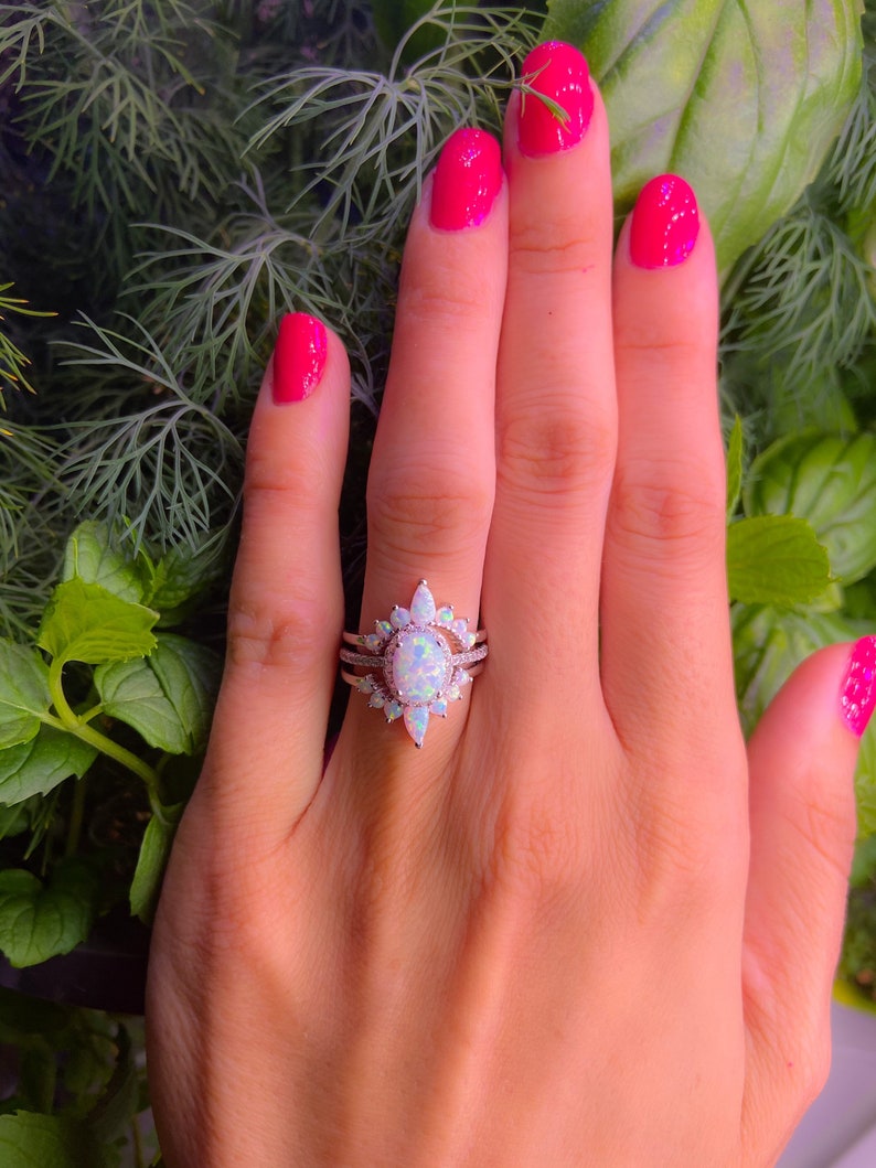 White Opal Ring-Crown ring,White Fire Opal,Wedding Set,Bridal set,Three Ring Engagement Set-Halo Ring-3 Ring Set,Right hand ringPromise Ring 