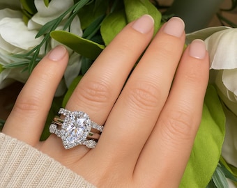 Sterling Silver 3 Piece Statement Ring Engagement Ring Set |3 carat Pear Cut Sparkling Diamond Simulate Wedding Band | Luxury Bridal Jewelry