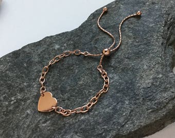 Rose Gold Heart Bracelet: Adjustable Sterling Silver Lariat
