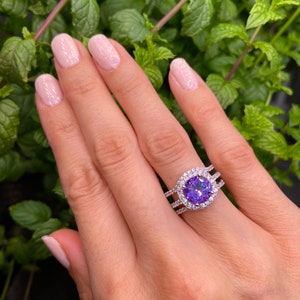 Amethyst Ring-Three ring set,Amethyst and CZ,Engagement Ring-Promise Ring-Cushion cut Ring-Large Amethyst Ring,Amethyst rings