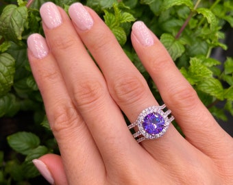 Amethyst Ring Set: Sterling Silver Cushion Cut, CZ Halo