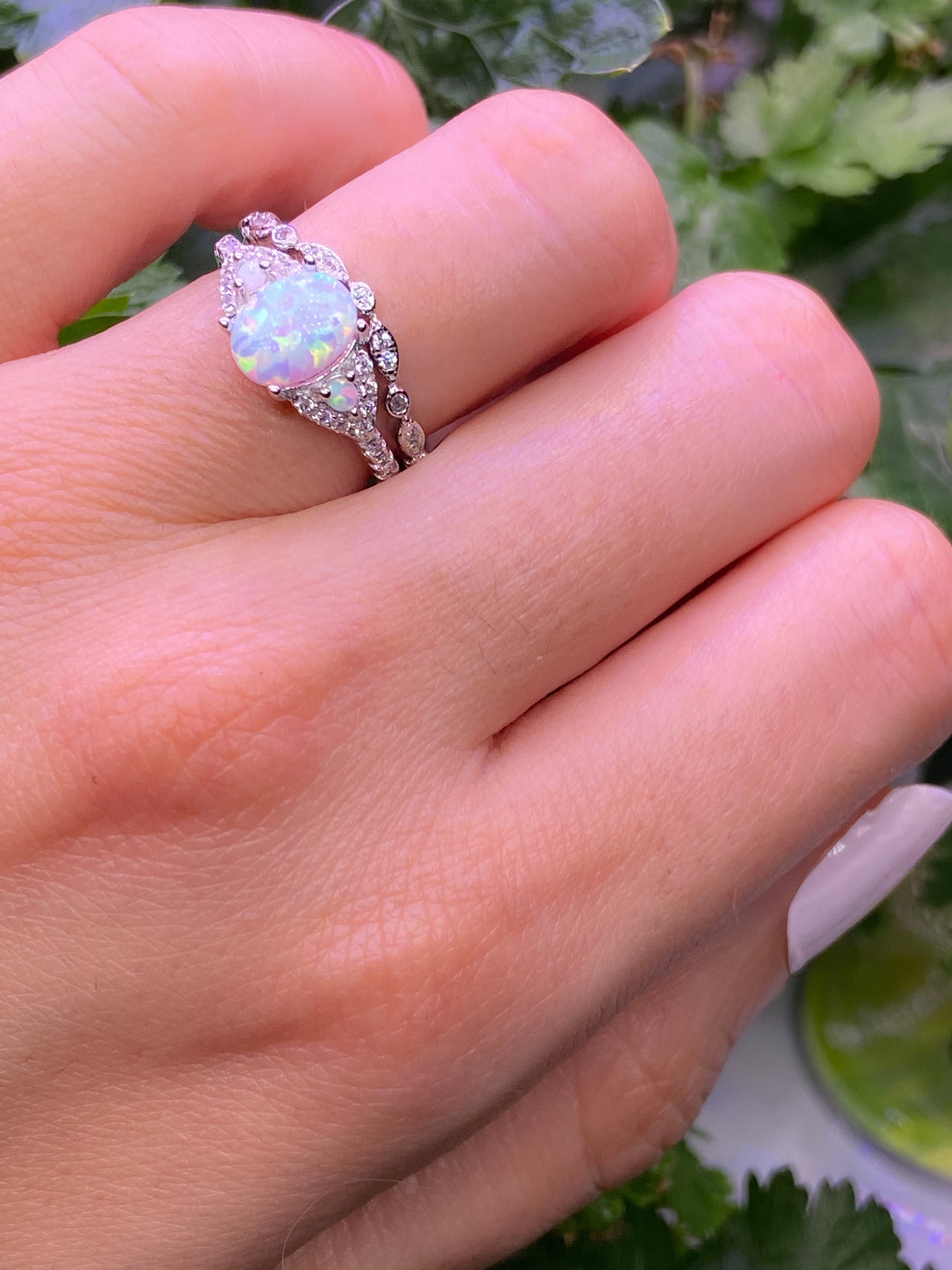 White Opal Wedding Ring Setopal Engagement Ring Promise Etsy