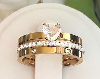 Heart Zircon Engagement Ring Set: Gold Stainless Steel Stacking Rings