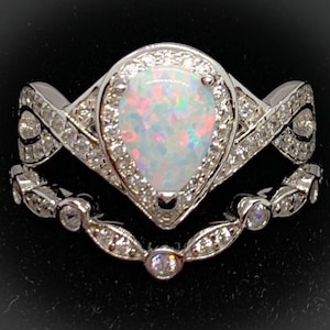 White Opal Ring-Opal Ring,Opal Rings Wedding Set-CZ Rings-Two Ring Engagement  Set-Halo Ring-2 Ring Set-Oval Ring-Promise Ring
