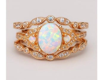 Art Deco Opal Engagement Ring Set: Rose Gold Sterling Silver, CZ Accents