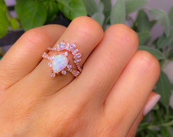 Rose Gold Rings Opal rose gold Wedding set Art Deco Rings Diamond CZ Rings Opal Engagement Rings Opal Teardrop Ring Diamond engagement set