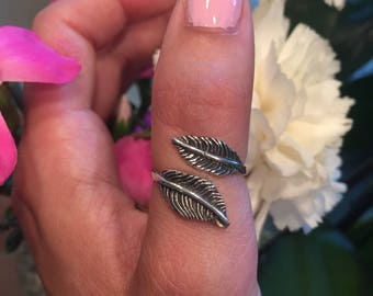 Sterling Silver Feather Ring: Adjustable Boho Leaf Wrap Ring