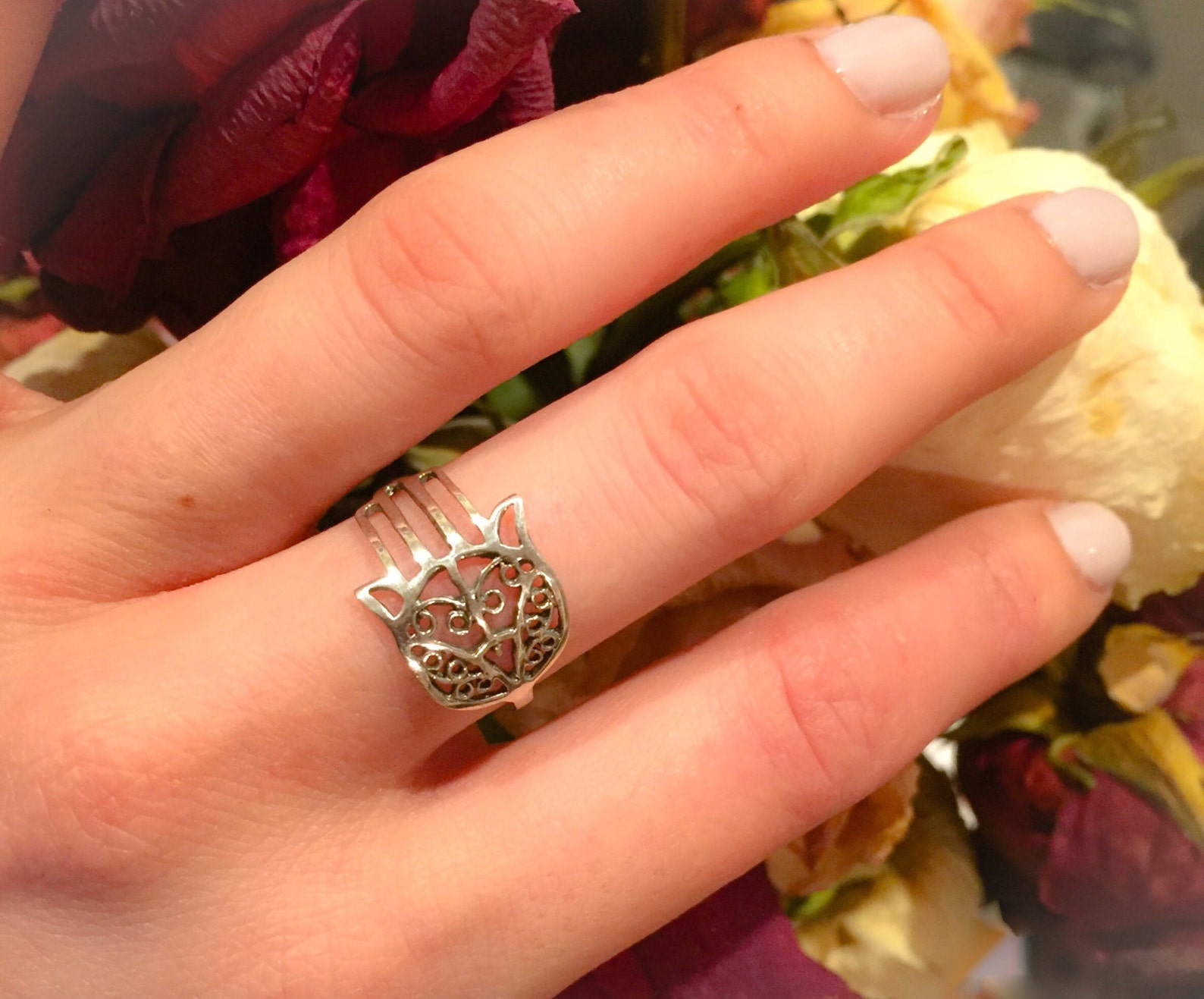 Hamsa Ring Sterling Silver Hamsa Ringhand of Fatima Etsy