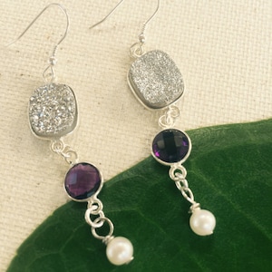 Druzy Earrings-Amethyst Earrings-Silver Druzy Earrings-Pearl Earrings with Amethyst Gemstones-Sparkly Druzy and Sterling Silver Earrings