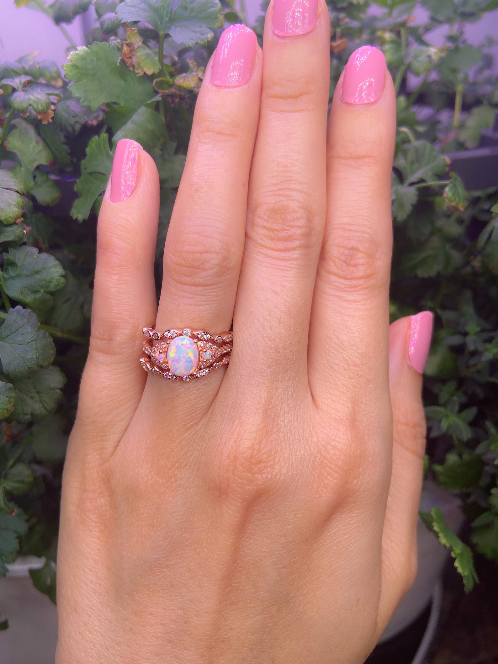 White Opal Engagement Ringrose Gold Opal Ring Setopal Etsy