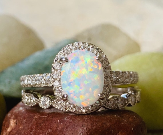 White Opal Ring Set: Sterling Silver CZ Halo Engagement Rings