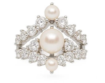 Pearl Engagement Ring Set, Sterling Silver, Simulant Diamond Bands