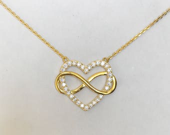 Gold Infinity CZ Heart Necklace-Infinity and Heart Necklace-Heart Jewelry-Infinity Charm-Wife & Girlfriend Jewelry-Gold and Diamond Heart