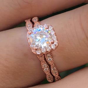 Rose gold engagement set Art Deco Ring Set-Engagement and Wedding Rings Halo CZ-Engagement Ring Set-Elegant Wedding Ring-Two Ring Set