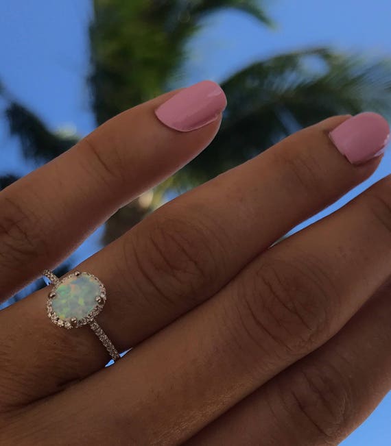 White Fire Opal Ring Opal Opal Ring Halo Ring Promise Ring Engagement Ring Silver Opal Ring CZ Opal Birthday Gift Lab Opal Ring Etsy
