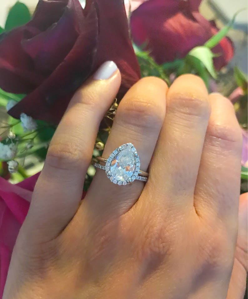 Teardrop Wedding Setwedding Ringslarge Teardrop Ringpear Etsy