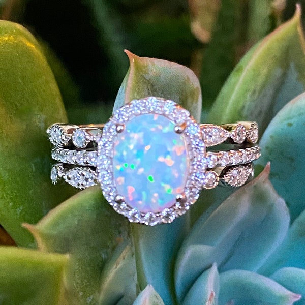 Sterling Silver Opal Ring Set Bridal Wedding Bands Women’s Engagement Stackable Rings Comes in LED Gift Box Promise ring