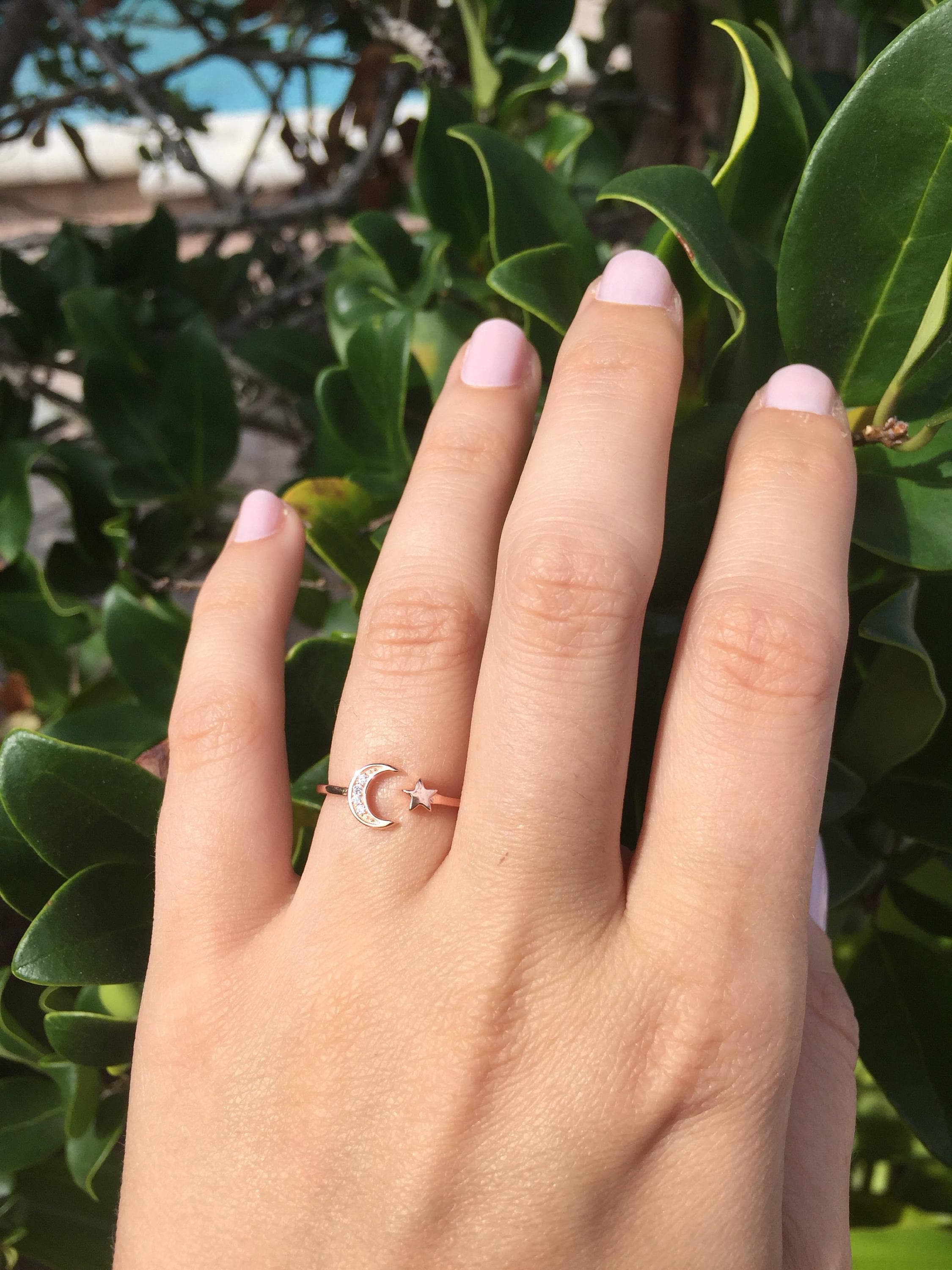 Moon & Star Ring-star Ring-moon Ring-cz Rose Gold Ring-dainty Rose Gold  Stacking Ring-rose Gold Sterling Ring-moon Star Band - Etsy