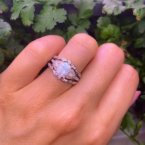 Oval White Fire Opal Engagement Ring Set: Sterling Silver CZ Halo
