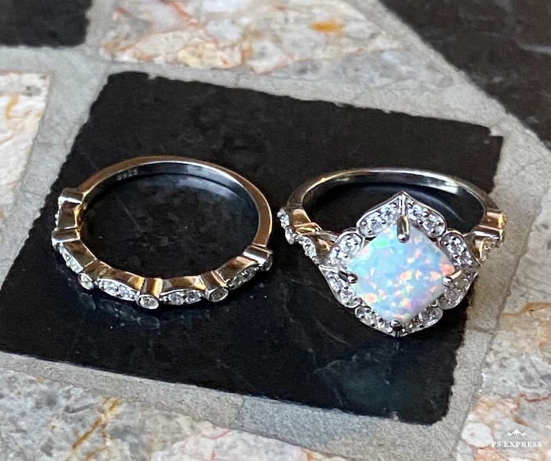 White Opal Ring-Opal Ring,Opal Rings Wedding Set-CZ Rings-Two Ring Engagement Set-Halo Ring-2 Ring Set-Cushion cut Ring-Promise Ring, image 5