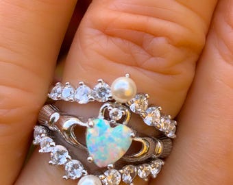 Opal Claddagh Ring Set: Sterling Silver, 3-piece engagement